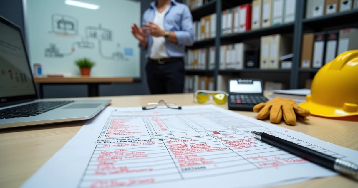 Engenheiro de segurança revisando formulário de insalubridade com marcações em vermelho 