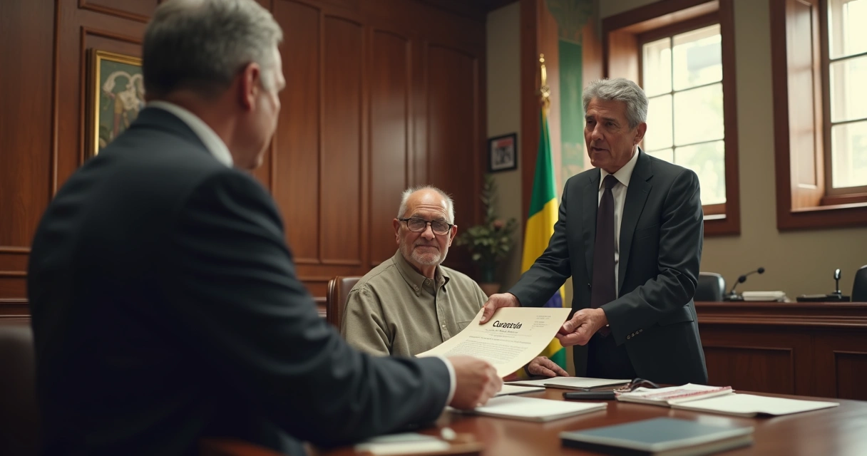 Juiz entregando documento de curatela a curador em ambiente de fórum