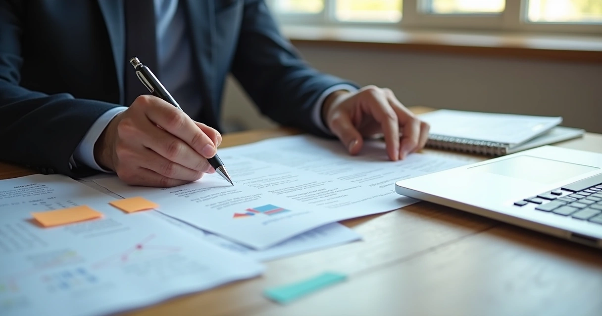 Pessoa examinando documentos e editais em mesa de escritório 