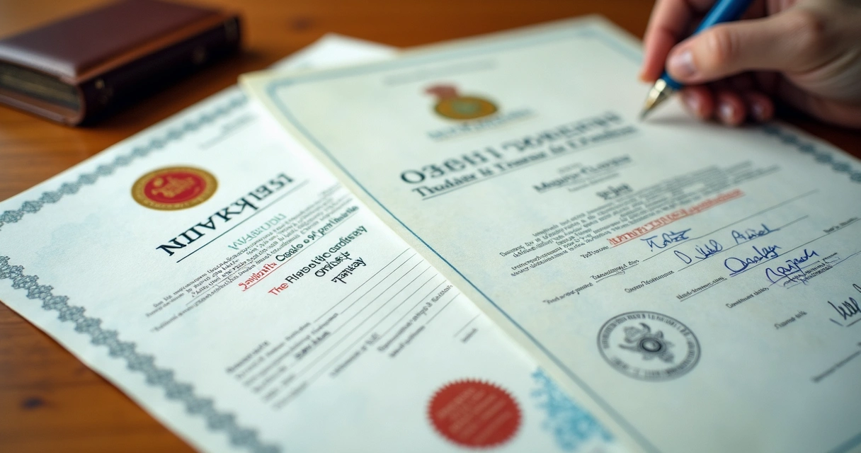 Certidão e diploma traduzidos com selo oficial na mesa 