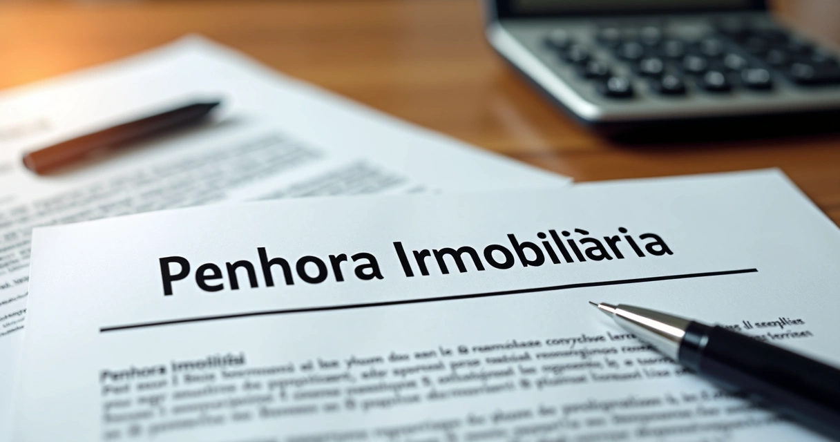Documento de penhora imobiliária sobre mesa com caneta e contrato 