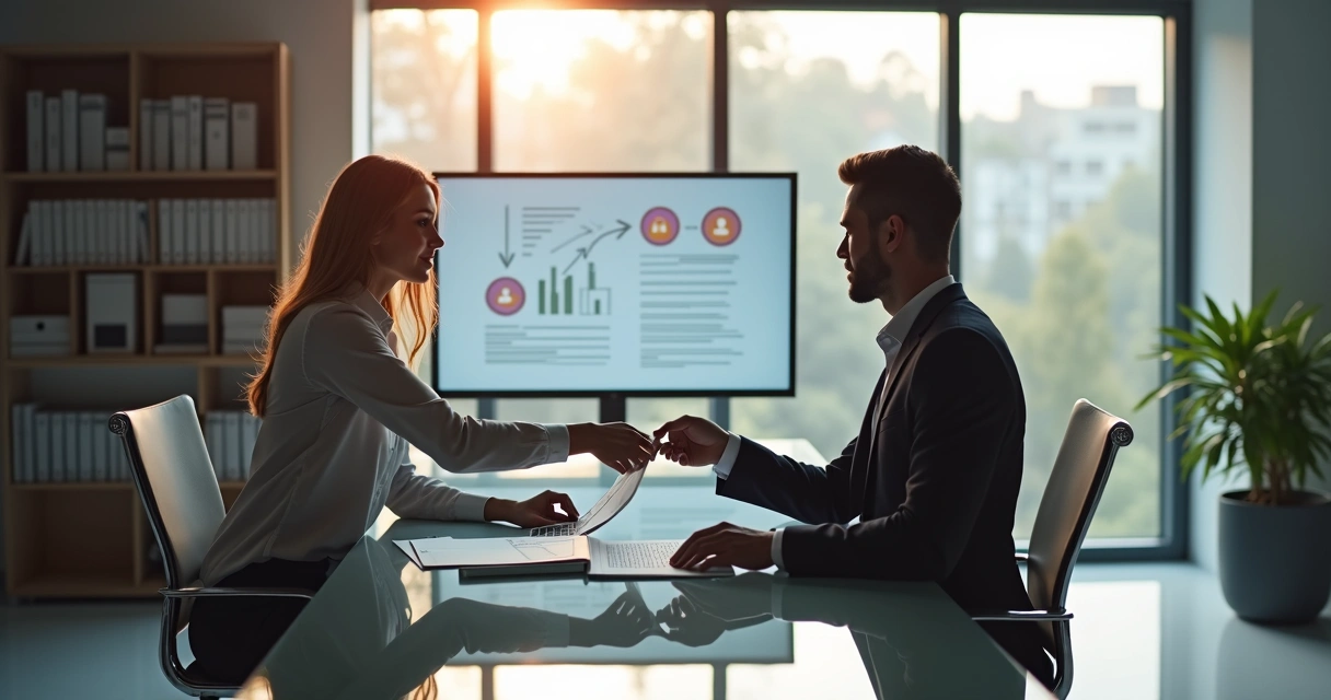 Pessoa mostrando documento de privacidade a cliente em escritório moderno 