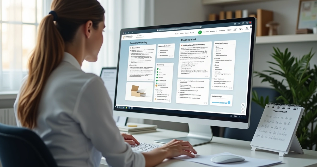 Profissional de reabilitação digitando documentos terapêuticos no computador 