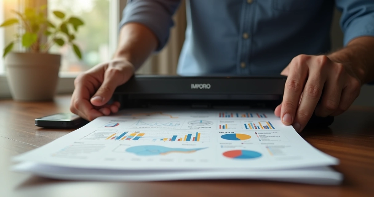 Relatório de Word colorido sendo impresso na bandeja de impressora