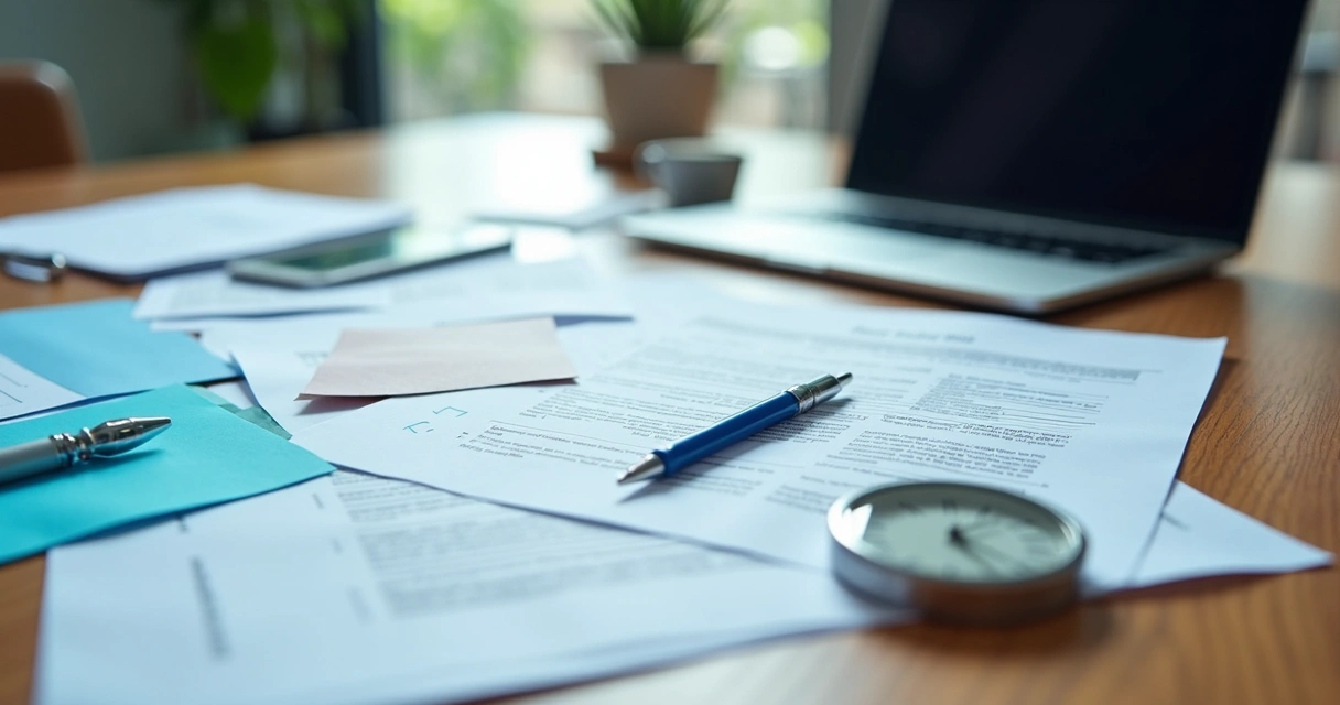 Documentos de médicos organizados em uma mesa com carimbos e declarações 