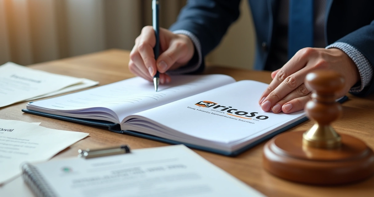 Pessoa organizando documentos empresariais em mesa com notebook e carimbo