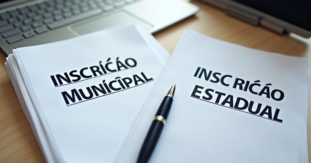 Documentos de inscrição municipal e estadual lado a lado em uma mesa de escritório