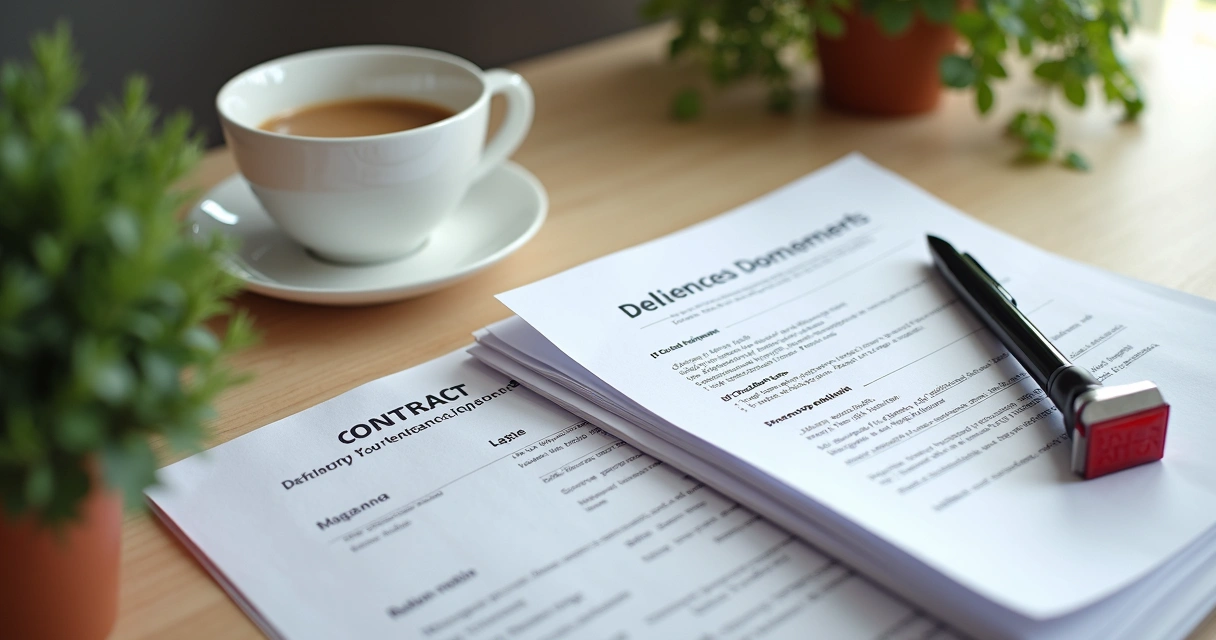 Documentos pessoais, caneta e carimbo sobre mesa 