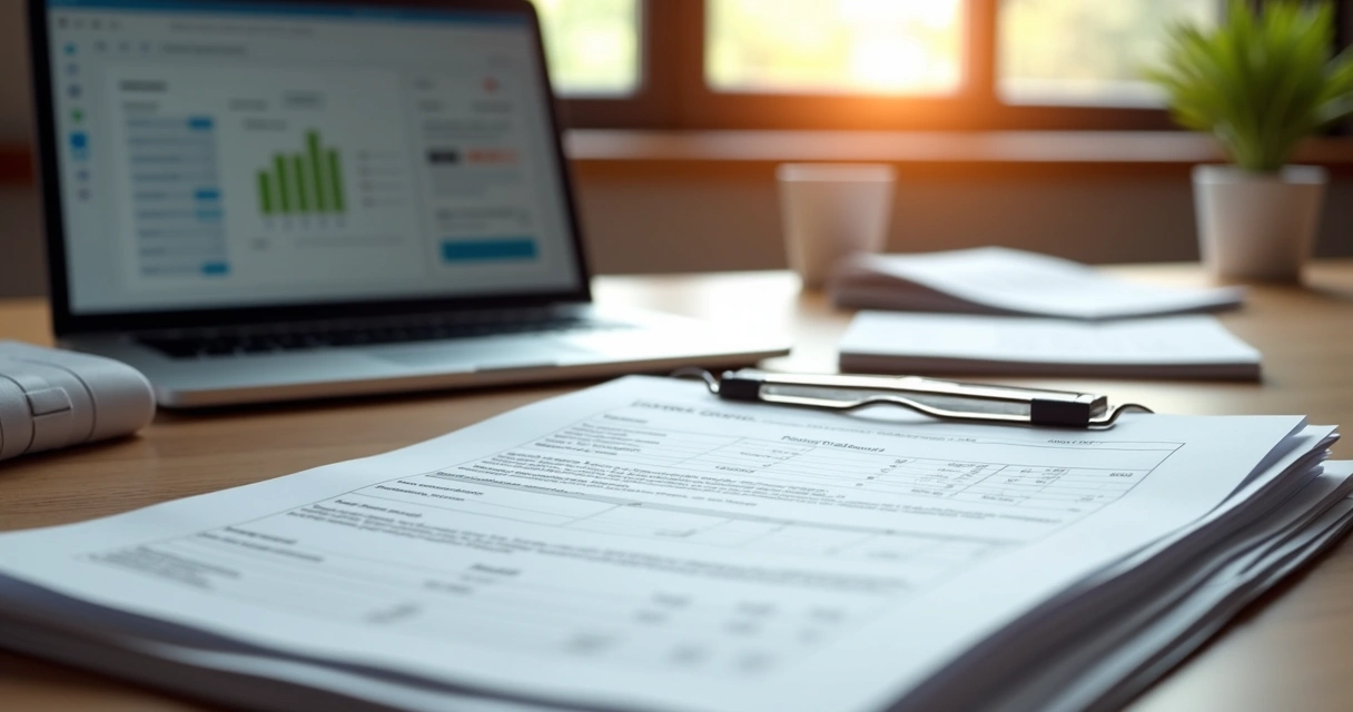 Documentos organizados e laptop abertos em mesa de escritório 