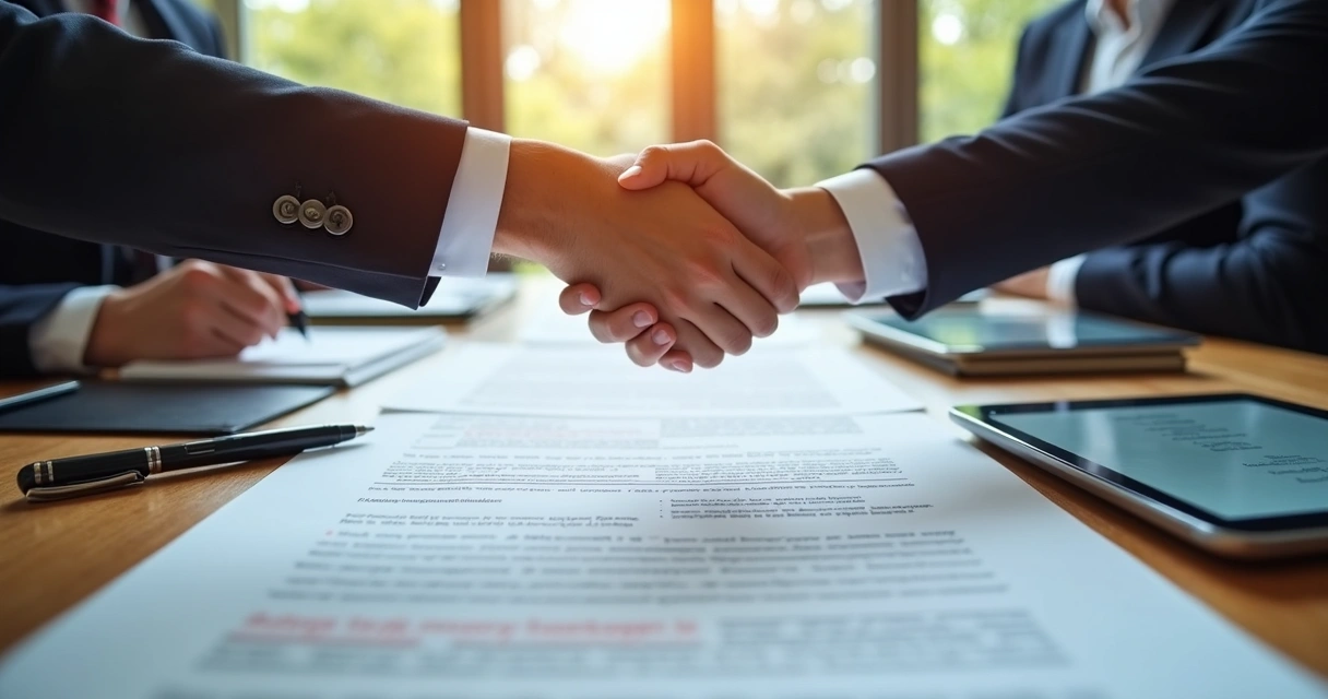 Mesa de reunião com contratos assinados e documentos de propriedade intelectual e patentes 