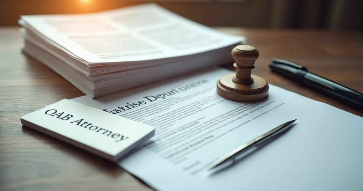 Pilha de documentos, carimbo, carteira OAB e caneta em mesa