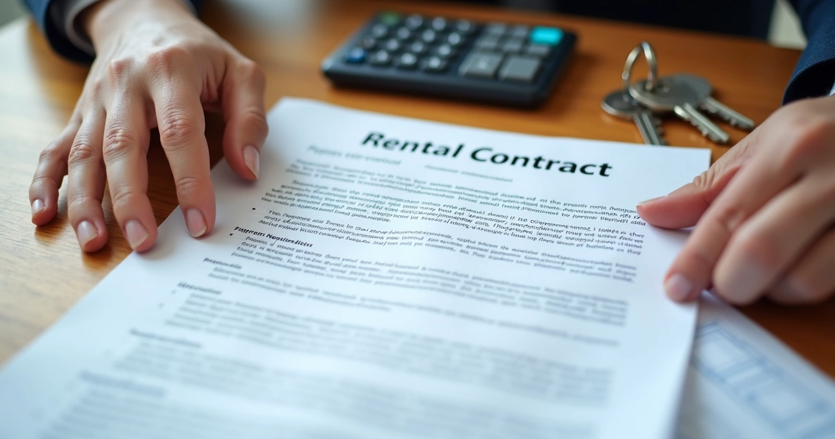 Pessoa revisando contrato de aluguel e documentos sobre uma mesa 