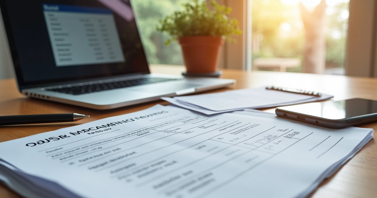 Documentos digitalizados de aluguel e um notebook sobre uma mesa