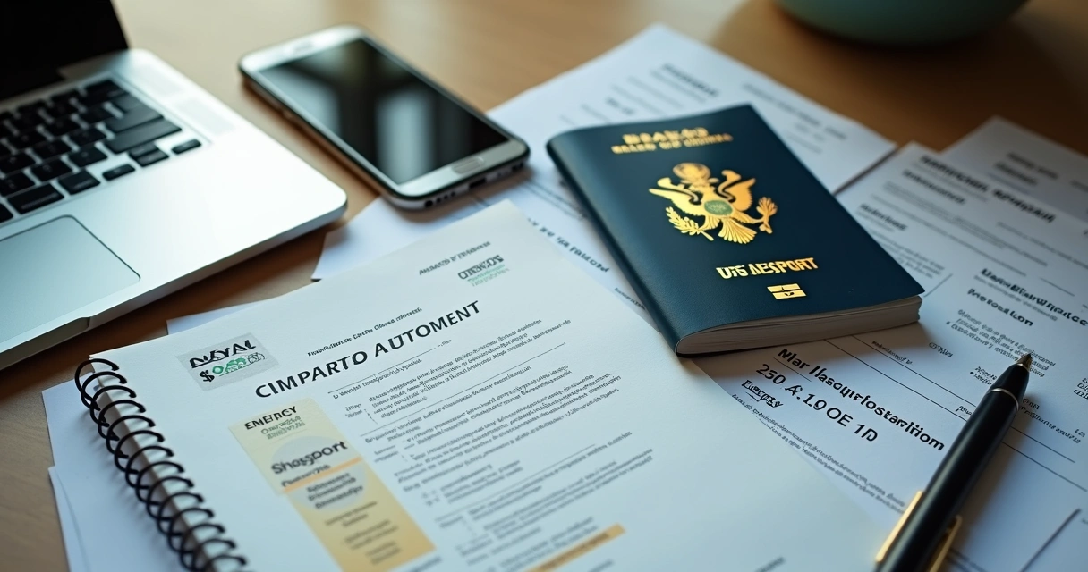 Checklist de documentos para vender em sites como a Amazon nos EUA 1 Mesa com documentos, laptop, passaporte e papelada para vender na Amazon nos EUA