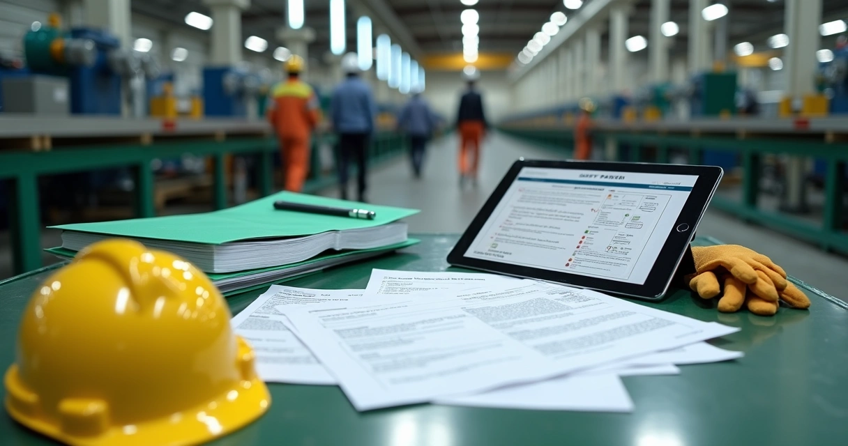 Documentos ambientais organizados no ambiente industrial 