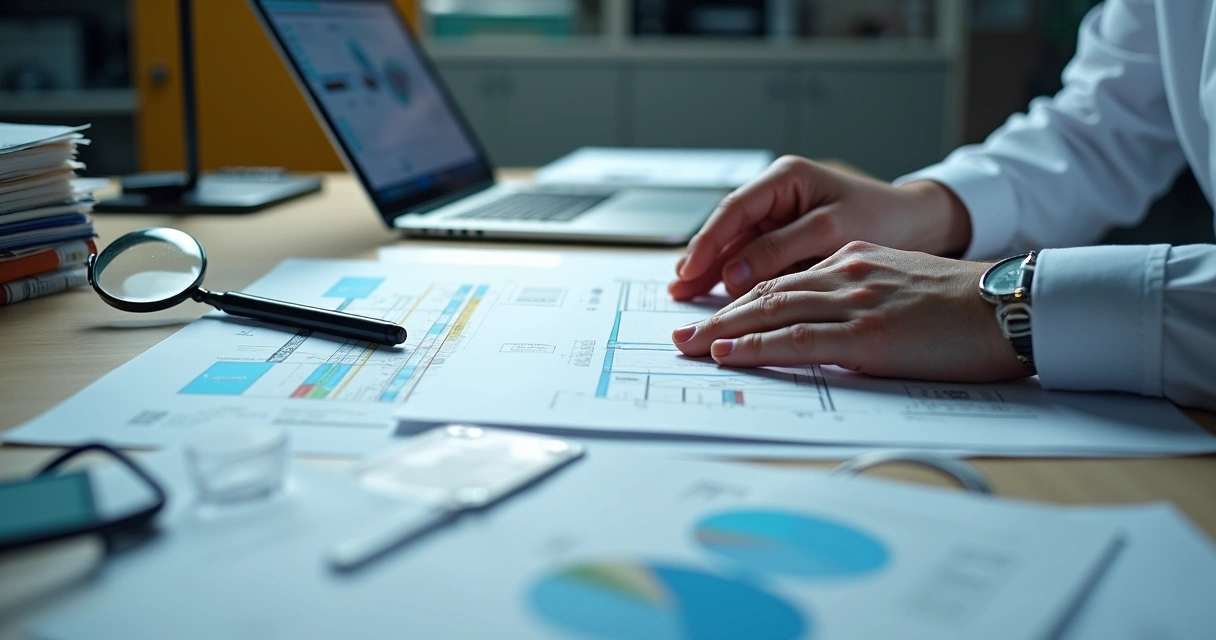 Mesa cheia de documentos de acidente de trabalho analisados por perito 