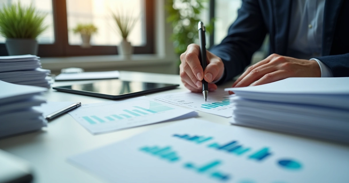 Mesa de escritório com pilha de documentos analisados por consultor