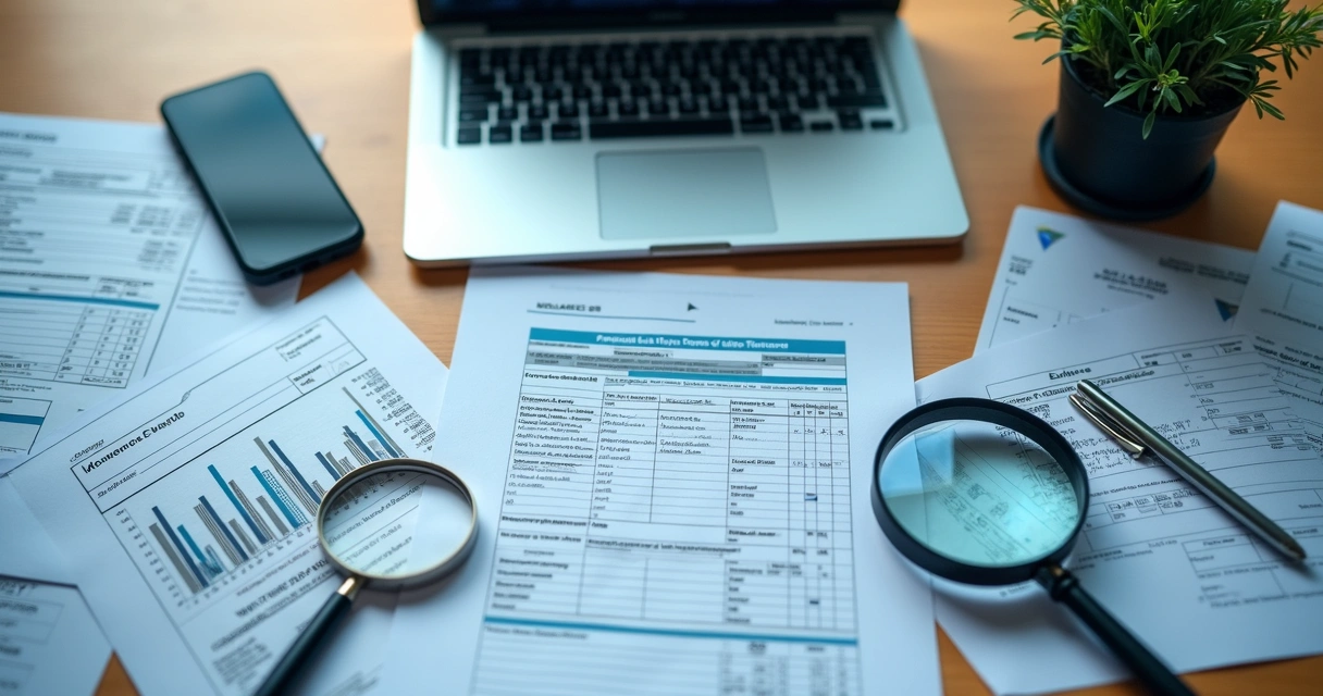 Documentos e laptop em análise forense 