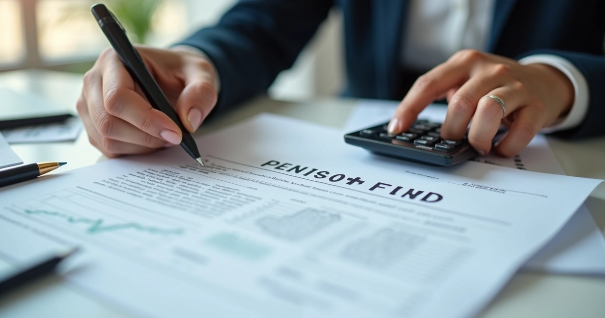 Mãos femininas segurando contrato de fundo de pensão e calculadora ao lado