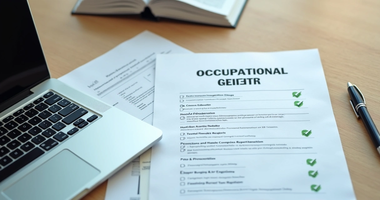 Mesa organizada com relatórios psicossociais e checklist preenchido 
