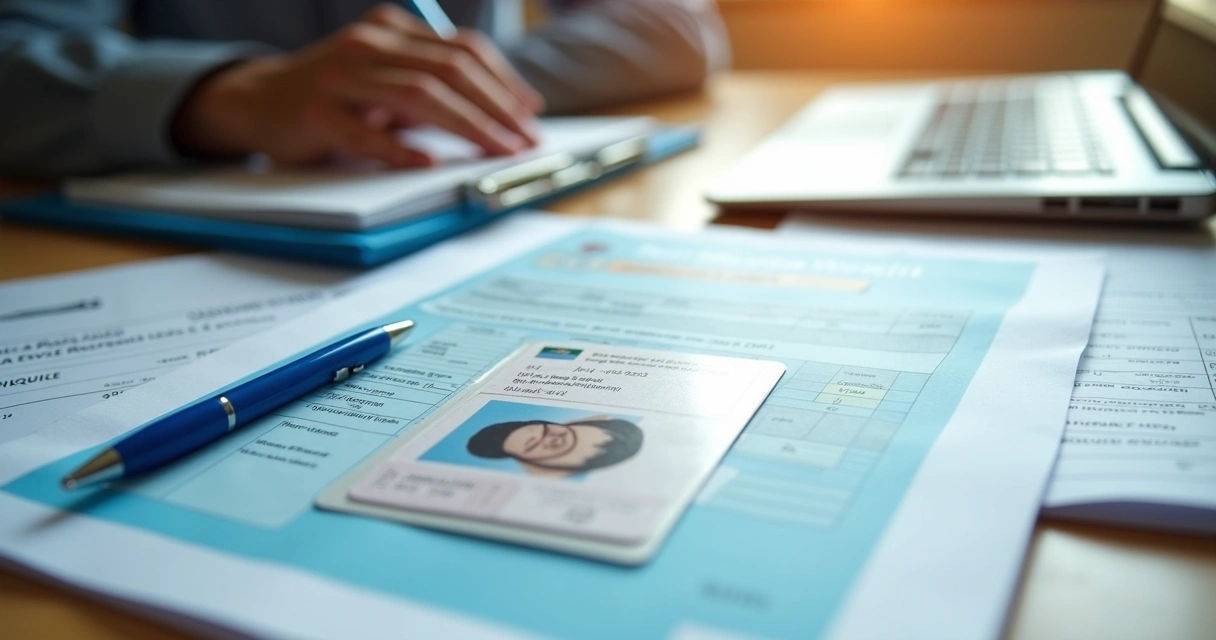 Documentos para aposentadoria de pessoa com deficiência organizados em mesa 