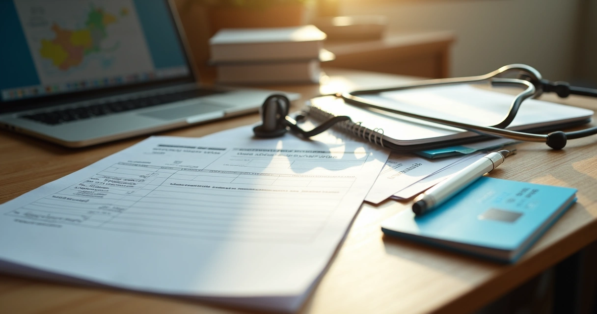 Mesa de escritório com pilha de documentos, caneta e carteira de trabalho azul. 