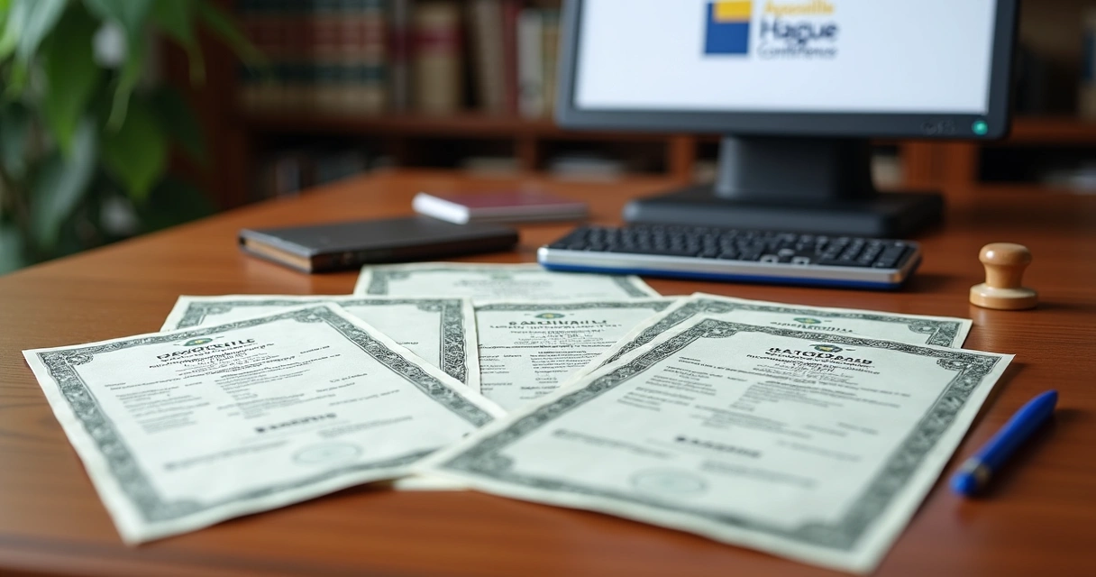 Documentos apostilados em cima de mesa de escritório 