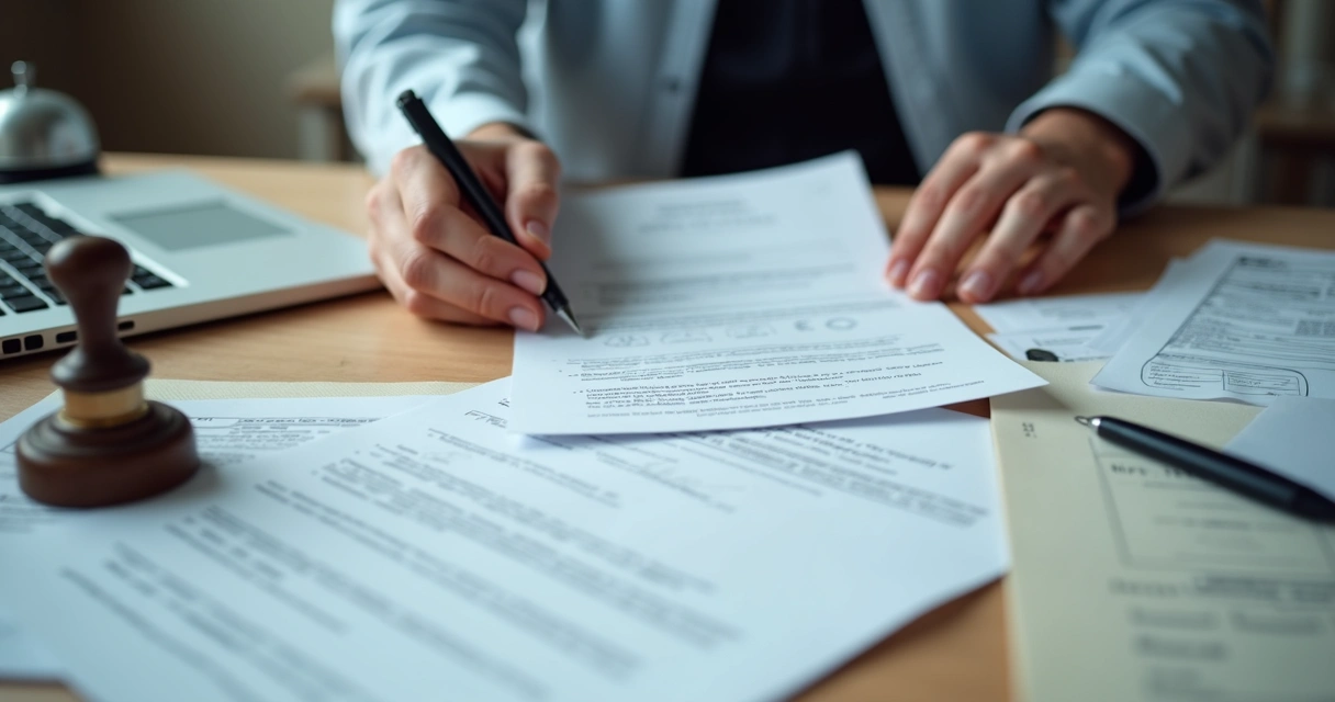 Mesa de escritório com documentos, carimbo de apostila e mãos segurando formulário 