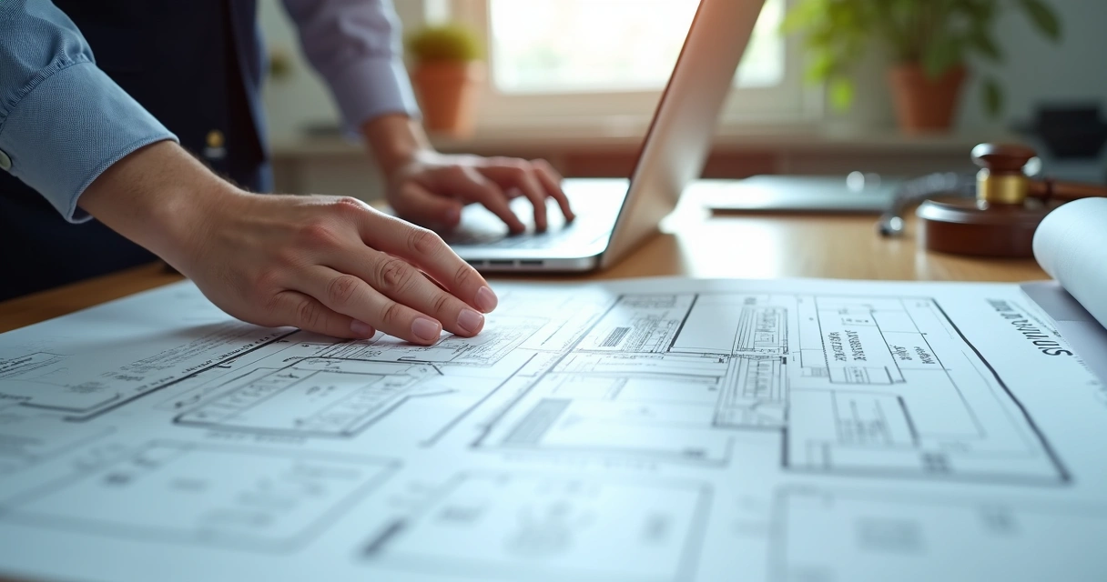 Mesa com documentos de construção e aprovação sendo analisados 