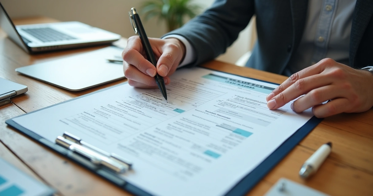 Pessoa organizando documentos de locação sobre uma mesa, papéis e notebook ao lado, mãos segurando caneta. 
