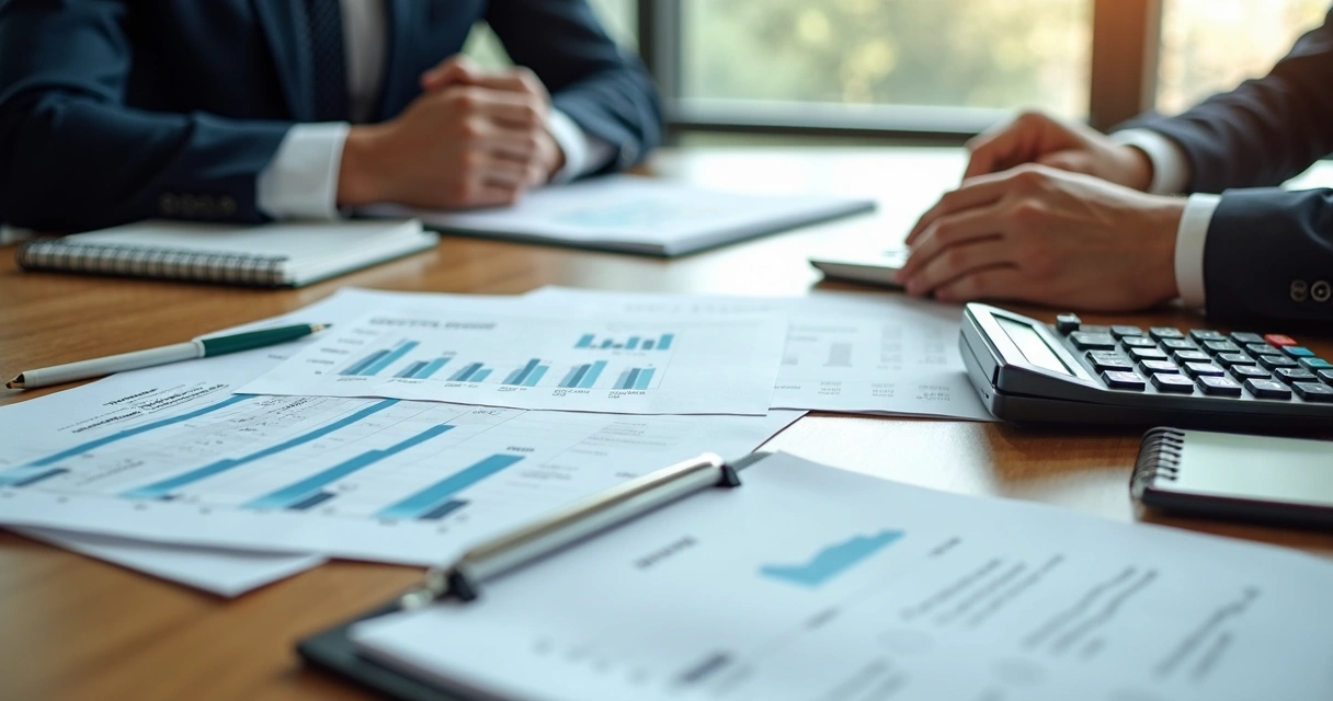 Documentos contábeis e calculadora sobre mesa de reunião 