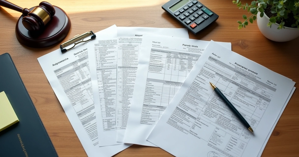 Documentos de arrematação sobre mesa com matrícula e calculadora 