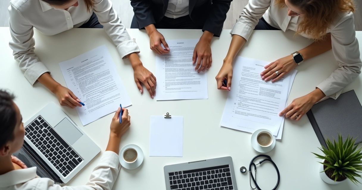 Equipe administrativa assinando documentos em clínica médica