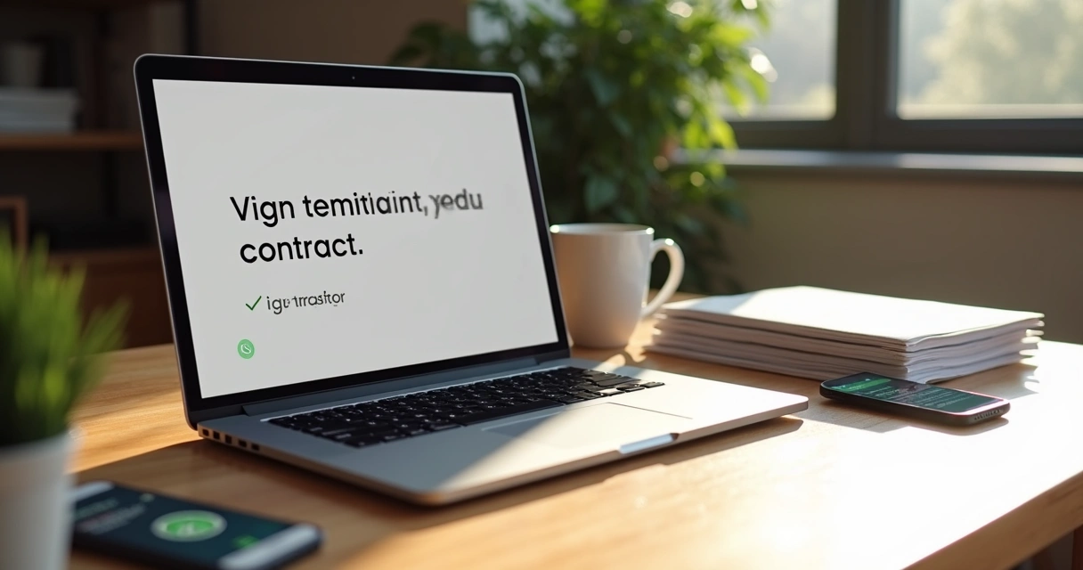 Documentos digitais assinados digitalmente em tela de notebook sobre mesa de escritório 