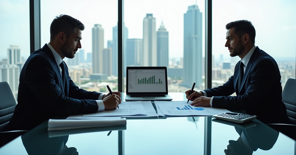 Contrato imobiliário sendo assinado por duas pessoas em mesa de escritório moderna