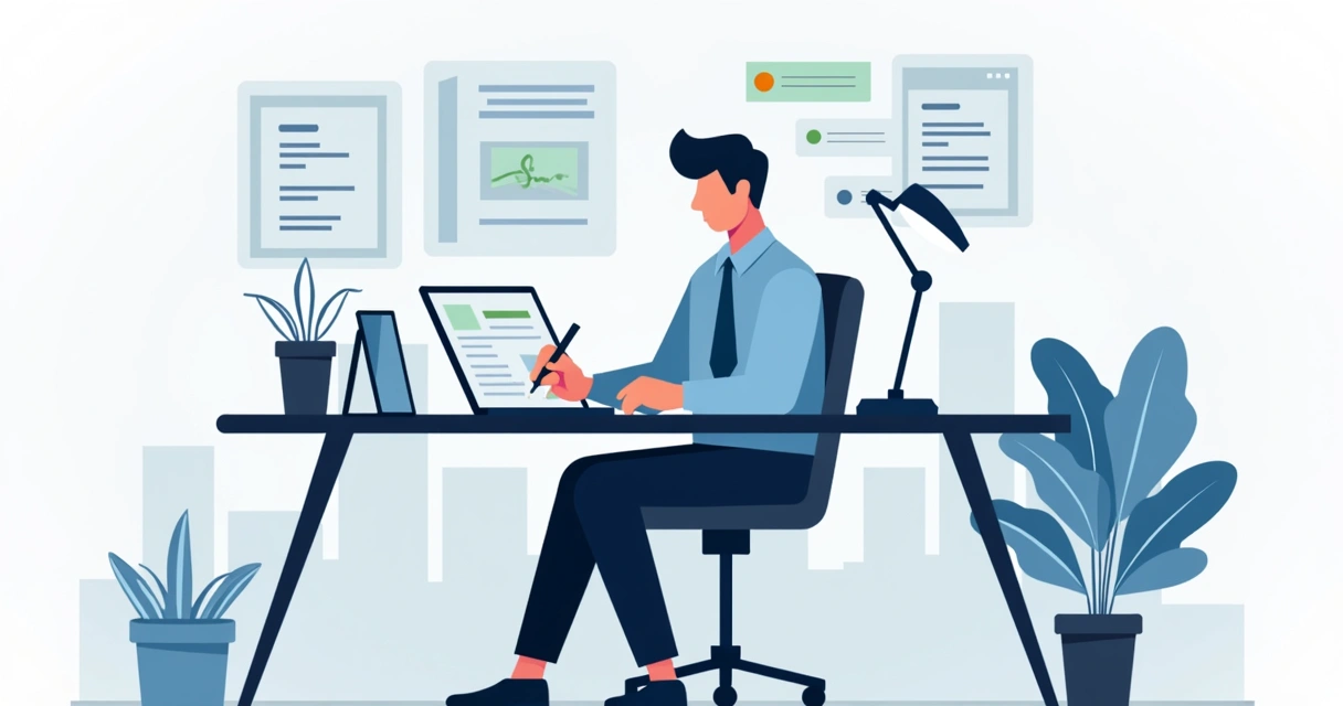 Profissional assinando contrato digital em tablet, contratos digitais e papéis ao redor 