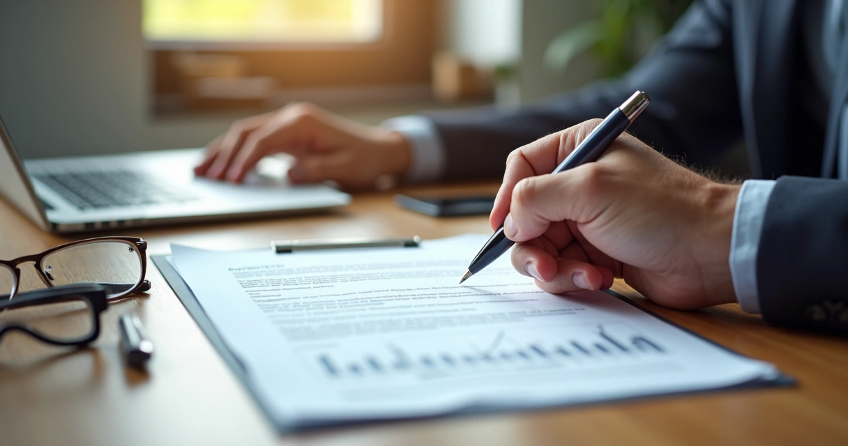 Mãos assinando contrato de investimento de startup na mesa 