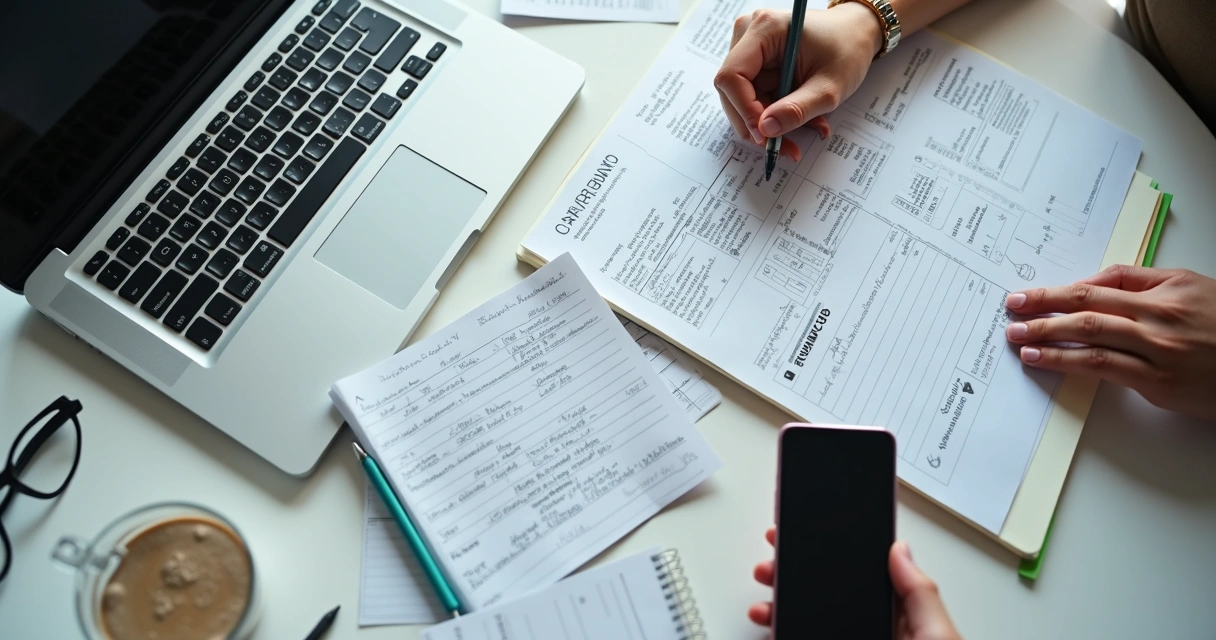 Mesa com documentos, celular e notebook para organizar prova de bloqueio