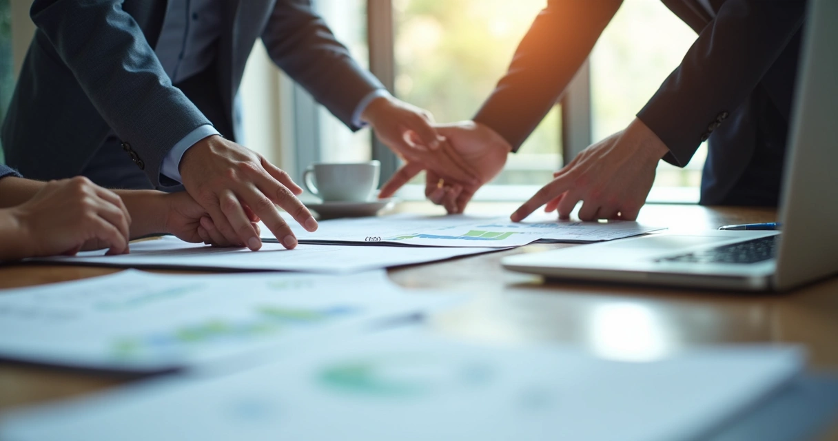 Pilha de documentos e um laptop em uma mesa de reunião de condomínio 