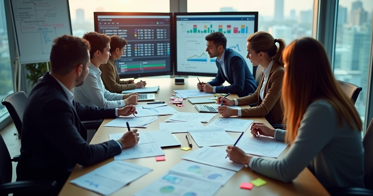 Equipe analisando documentos de auditoria em mesa de reunião 