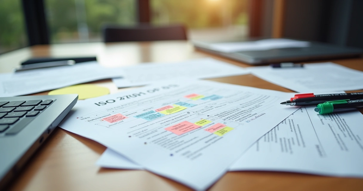 Documentos de auditoria ISO 27001 sobre uma mesa de escritório, com marcações e canetas. 