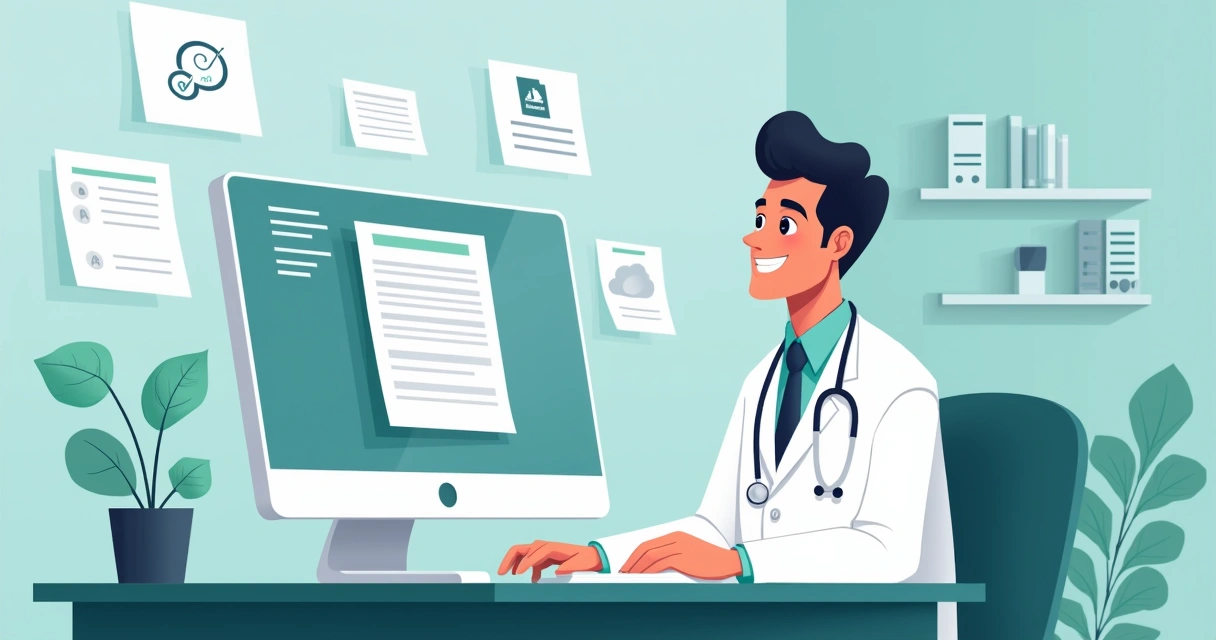 Médico sorridente analisando tela de computador com guias preenchidas automaticamente 