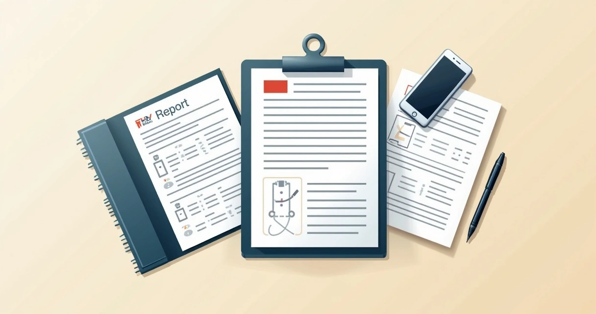 Mesa de escritório com documentos médicos, relatório detalhado, laudos e carteira de trabalho 