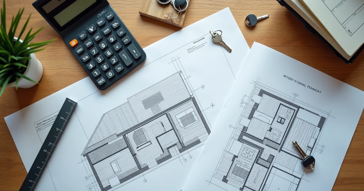 Documentos de avaliação imobiliária sobre mesa com planta e calculadora 