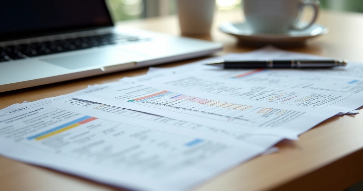 Mesa organizada com papéis de documentos empresariais, laptop e caneta