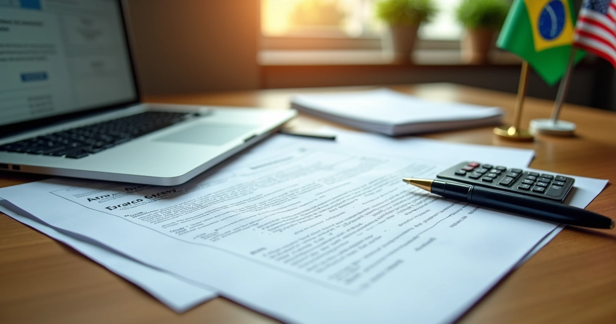 Como declarar bens nos EUA no Imposto de Renda em 2026 1 Documentos de imóveis, contrato bancário e calculadora em cima de mesa, representando declaração de bens nos EUA