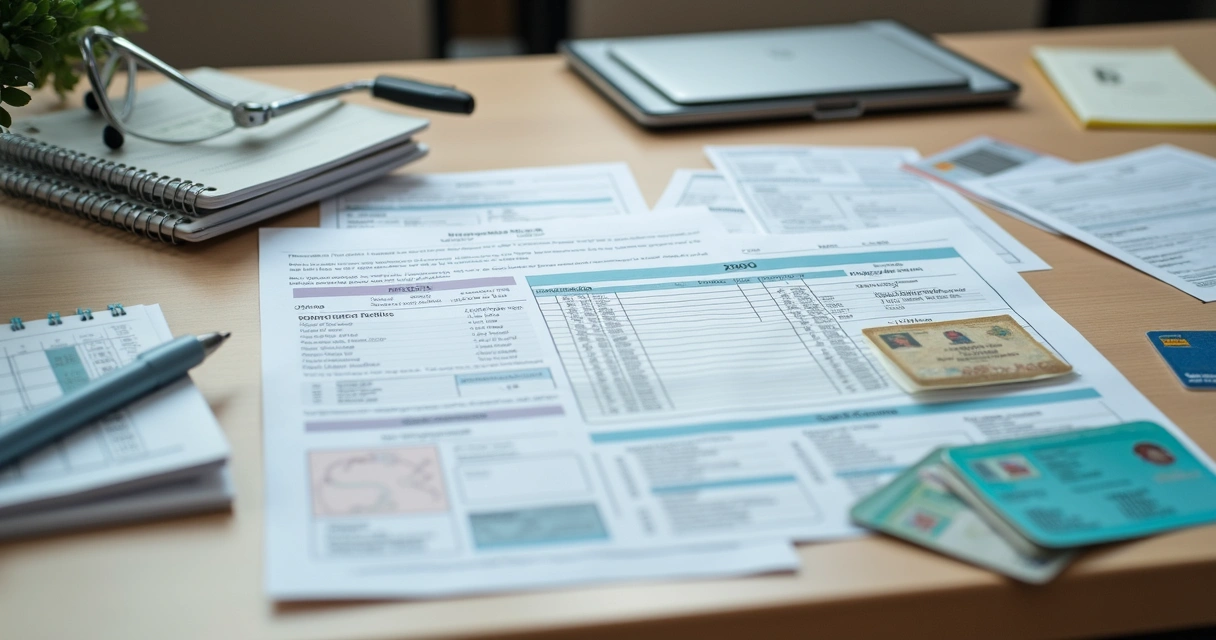 Pilha de documentos médicos e de identificação sobre mesa para benefício INSS 