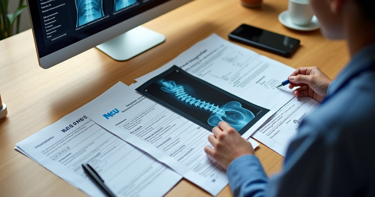 Mesa com documentos médicos e laudo de coluna para pedido de benefício INSS 