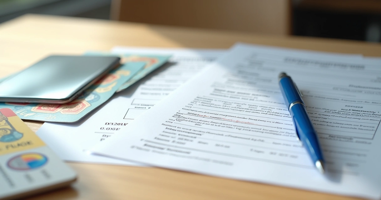 Documentos organizados sobre uma mesa com caneta e formulário preenchido 