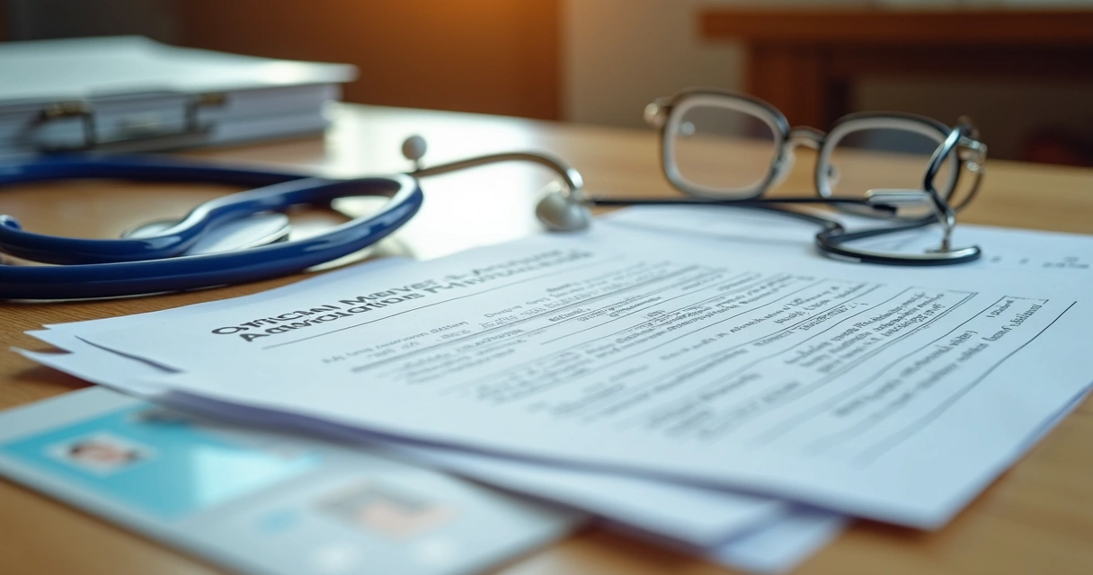 Pilha de documentos médicos, identidade e formulários em mesa de escritório 